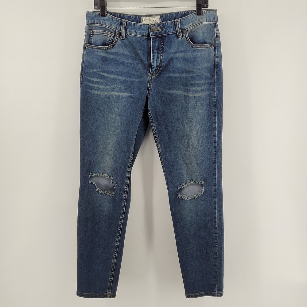 Free People‎ Jeans Womens 30x27 Blue Distressed Ripped Knee Skinny Denim